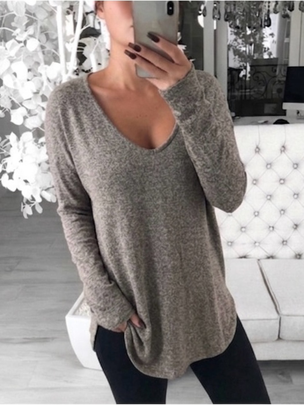 Taupe V-Neck Cozy Long Sleeve Sweater